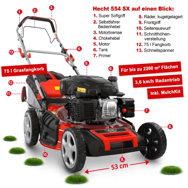 Benzin Rasenmäher mit Antrieb 53 cm Schnittbreite 6 PS Mulch Mulcher Mäher Hecht – Bild 6
