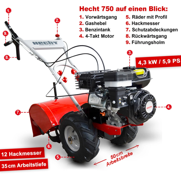 HECHT Gartenfräse Benzin 50 cm Arbeitsbreite 6 PS Acker Boden Motor Fräse Hacke – Bild 8